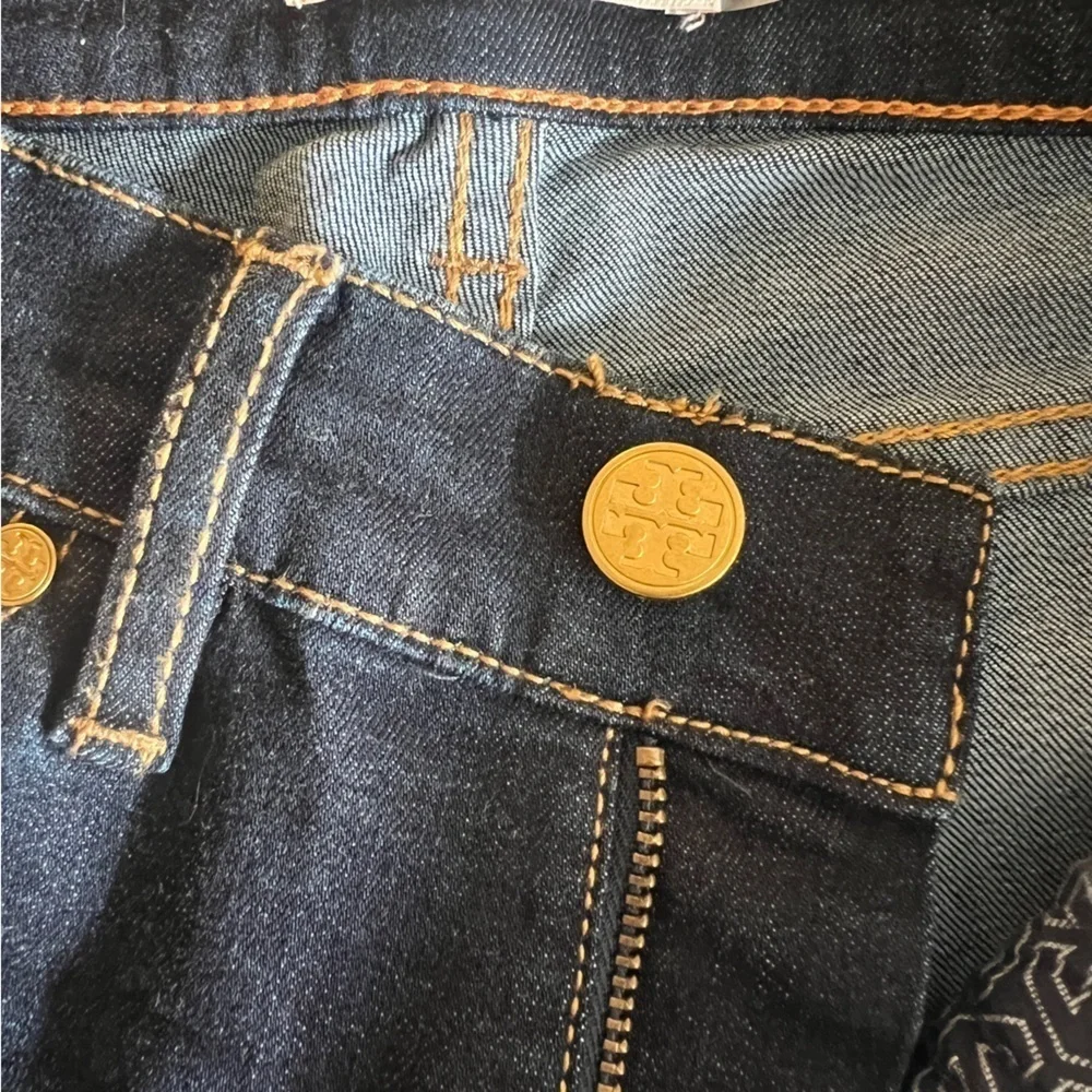 Tory Burch Sadie Straight Leg Crop Jeans Women’s 23 Dark Wash Stretch Denim